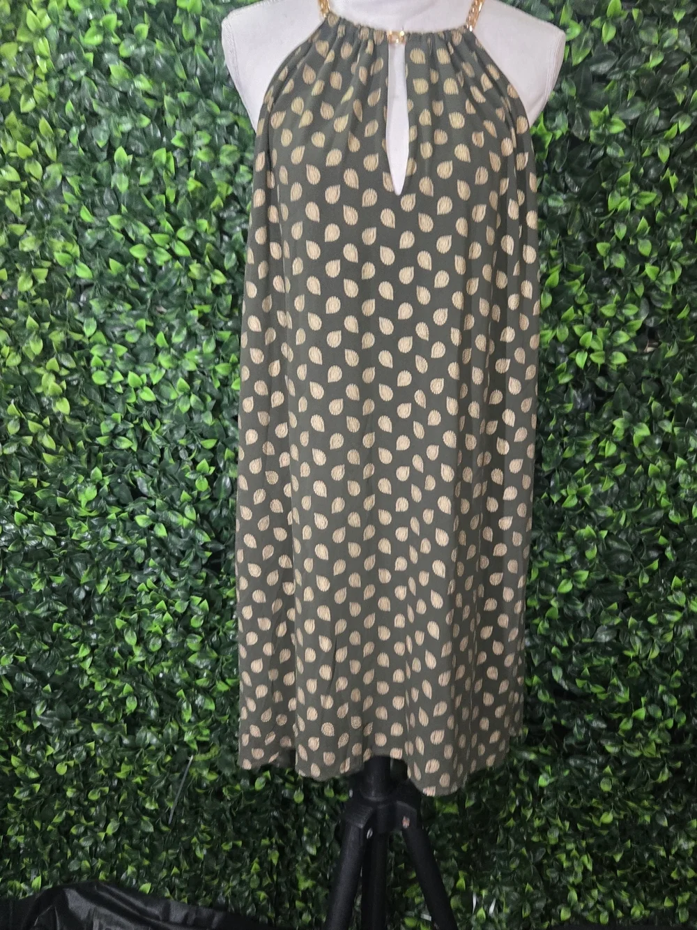 Michael Kors Olive Green Halter High-Low Dress with Gold Dot Print